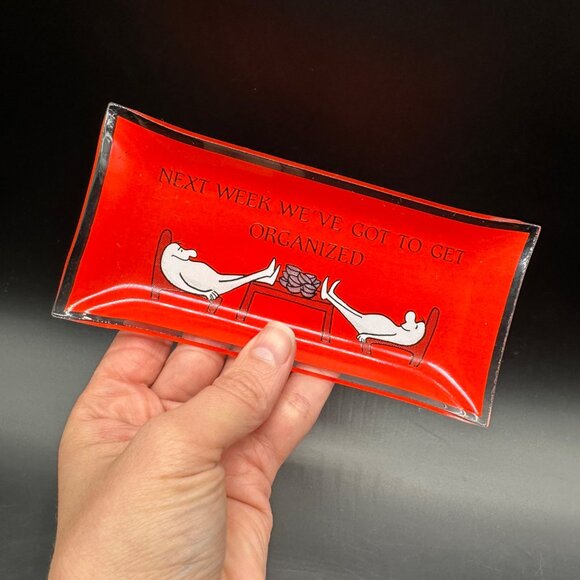 Vintage Trinket Dish Tray 1970s Red Glass Procrastinator Organized Kitschy Humor - Picture 1 of 9